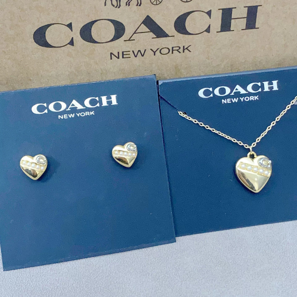 Coach Heart Pearl Letter Necklace Earrings
